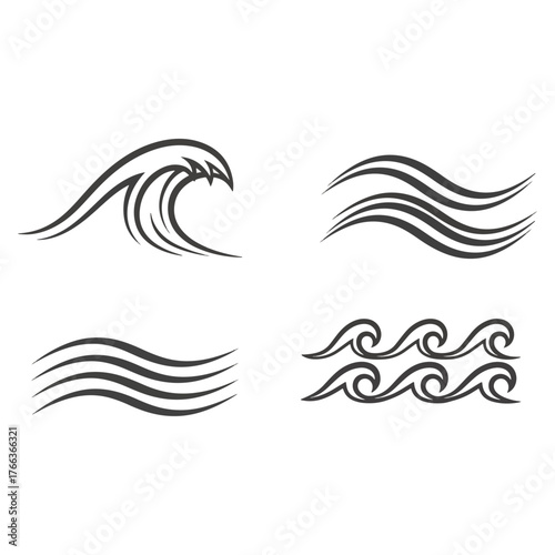 Collection of stylized wave designs graphic elements, abstract water symbols, tribal ocean art, and decorative sea motifs