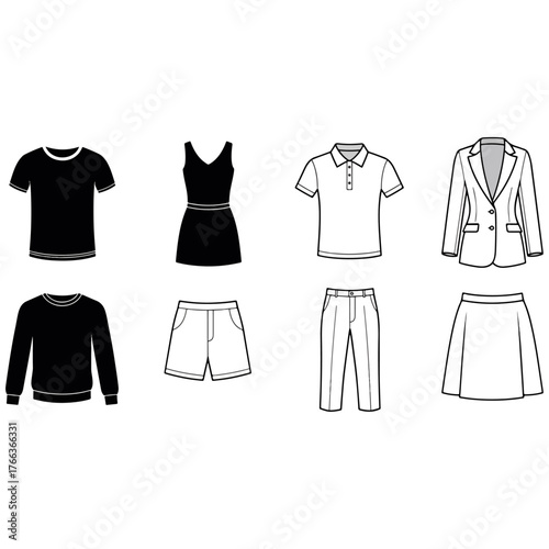 Collection of various clothing items and garments represented as black and white outline icons for fashion and apparel design