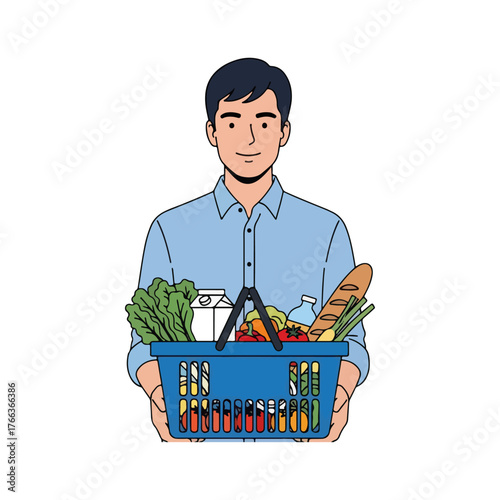 Man holding a blue shopping basket filled with fresh groceries including vegetables, bread, milk, and drinks on a white background