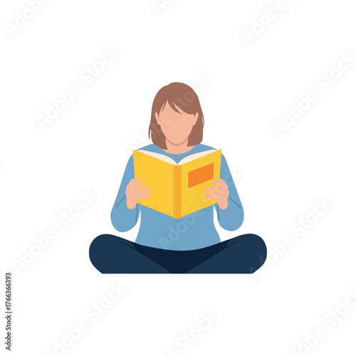 Person sitting cross-legged reading an open yellow book with an orange rectangle on its cover, isolated on white.