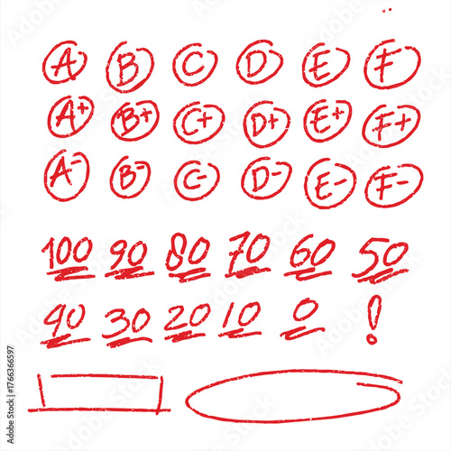 Red Pen Hand Drawn Academic Grades and Numerical Scores Vector