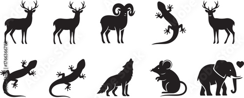 Diverse farm animal silhouettes rooster dog mouse goat duck sheep donkey turkey collection vector