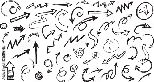 Diverse hand drawn black ink doodle arrows and circles for creative raw informational design elements vector