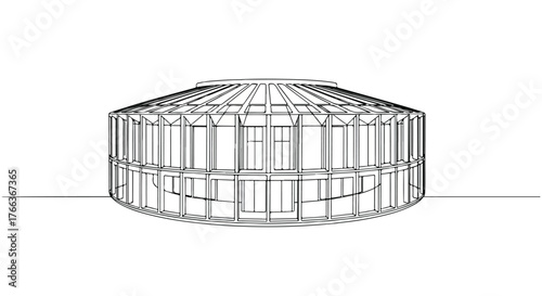 Circular architectural dome drawn in clean vector lines, modern structure design illustration.
