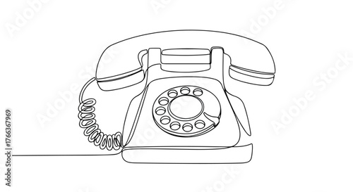 Retro rotary telephone minimalist line drawing, vintage communication device art.