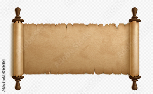 Ancient parchment scroll with wooden rollers on white background