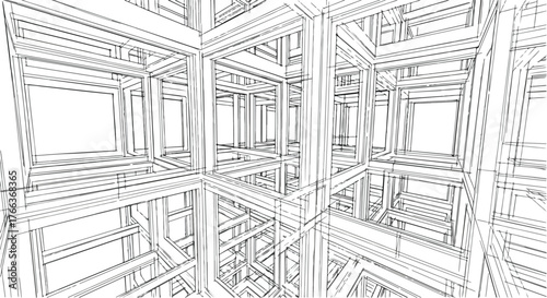 Geometric architectural grid structure with complex perspective lines, modern design.