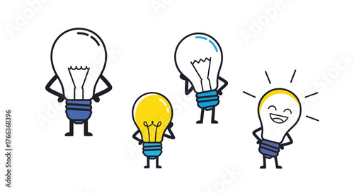 Cartoon Light Bulbs Characters Expressing Different Emotions.