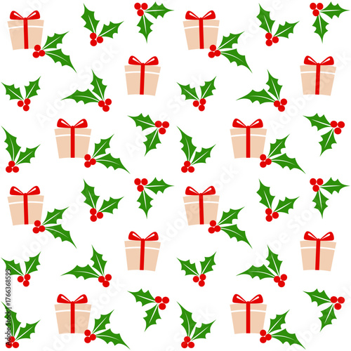 Christmas Gift Boxes with Holly Seamless Pattern Repeat on White