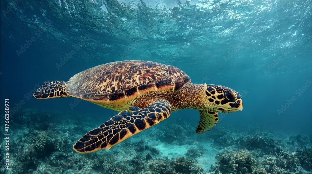 Obraz premium Hawksbill sea turtle swimming in the ocean