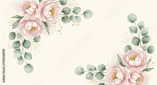 Elegant Watercolor Floral Corner Borders with Pink Peonies, Eucalyptus, and Gold Splatter