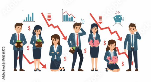 Vector illustration of people facing financial crisis and loss.