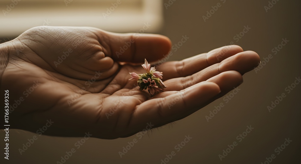 Obraz premium Tiny Flower Held Gently in Open Palm, Symbolizing Growth and Delicate Beauty