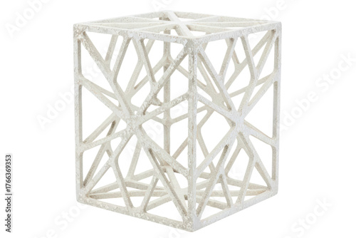 White 3d printed cube with a complex geometric lattice structure isolated on a transparent background