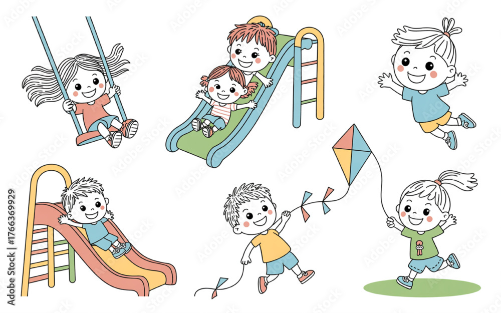 Fototapeta premium Set of cartoon children playing in the playground vector illustration of happy kids having fun with swing slide and kite isolated on white background