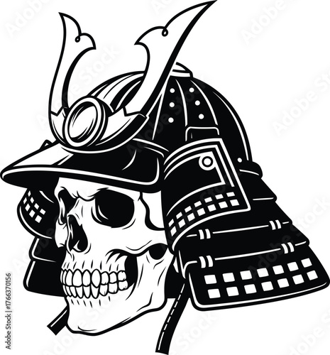 A striking black and white illustration of a  skull viewed from the side wearing a traditional Japanese samurai helmet, symbolizing mortality and warrior spirit.