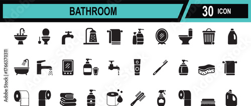 Bathroom icon set. Containing Washbasin, Closet, Shower, Wc, Plumbing, Mirror, Tap, Trash, Bath, Hygiene, Shampoo, Tap, Towel, and more vector