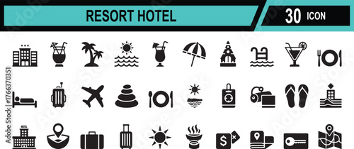 resort hotel icon set. containing hotel, tourism, wellness, beach, passport, maps, spa, and more