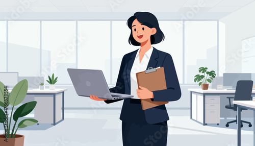 A woman is standing in a room with a laptop and a clipboard. She is smiling and she is happy