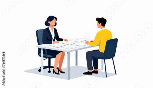 A man and a woman are sitting at a table with papers in front of them. The woman is wearing a suit and the man is wearing a yellow shirt. They are discussing something important