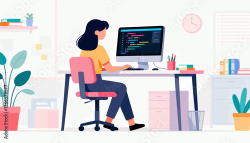 A woman is sitting at a desk with a computer monitor in front of her. She is typing on a keyboard and has a cup of coffee on the desk. The room is decorated with plants and books, giving it a cozy