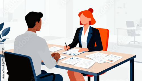 A man and a woman are sitting at a table with papers in front of them. The woman is writing on a piece of paper while the man looks on. The scene suggests a professional setting