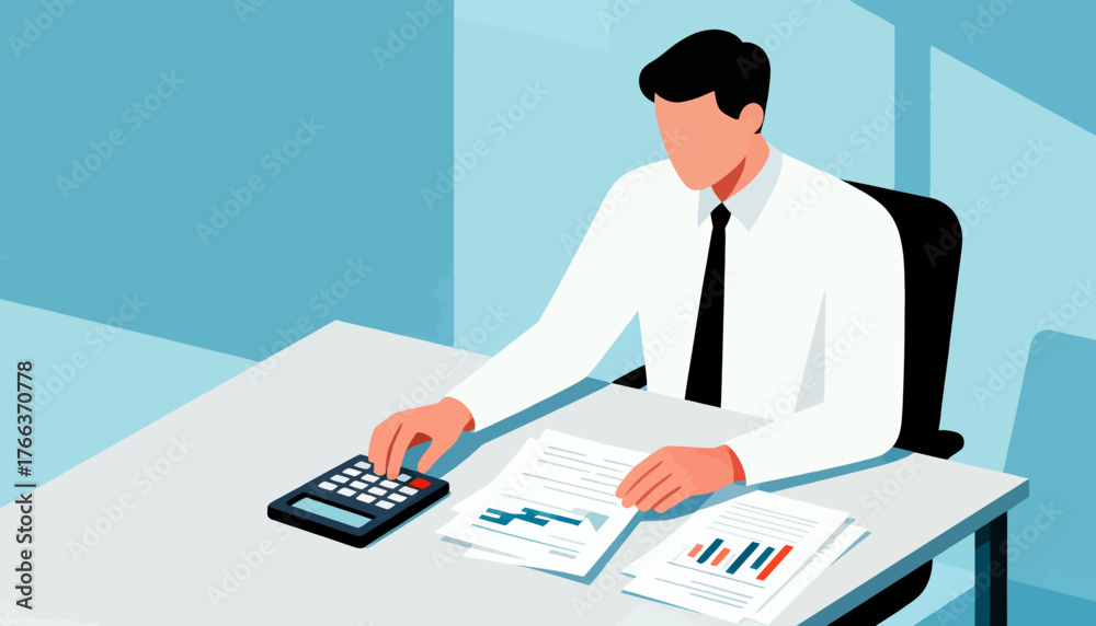 Fototapeta premium A man is sitting at a desk with a calculator and papers in front of him. He is wearing a tie and he is working on some financial documents