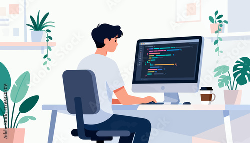 A man is sitting at a desk with a computer monitor and a cup of coffee. He is focused on his work, possibly writing code or working on a project. Concept of productivity and concentration