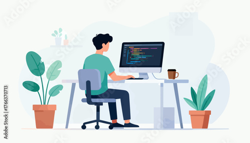 A man is sitting at a desk with a computer monitor and a cup of coffee. He is working on a project, possibly related to programming or web design. The room has a potted plant and a vase