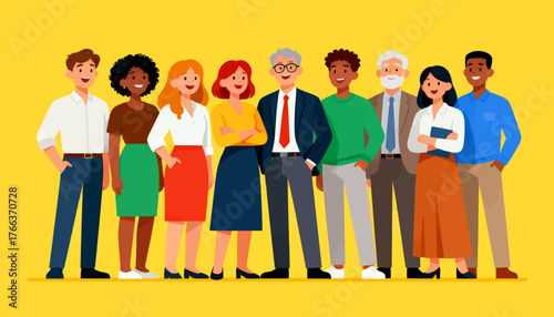 A group of people are standing in a line, some wearing ties. Concept of unity and professionalism