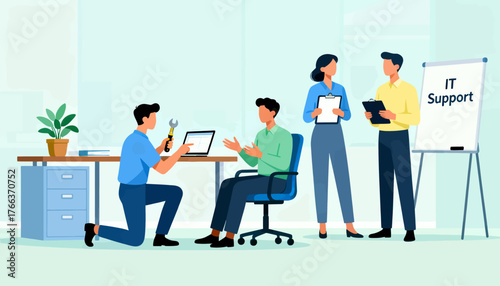 A group of people are working together in a room with a white board that says IT Support. Scene is collaborative and focused