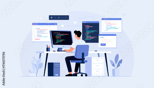 A man is sitting at a desk with a computer and a keyboard. He is working on a computer program