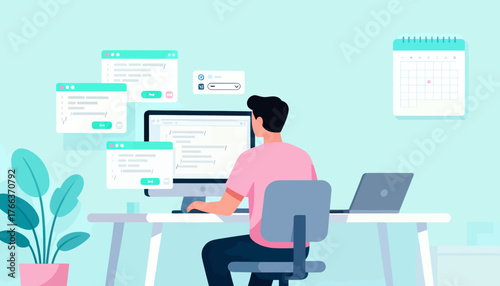 A man is sitting at a desk with a computer monitor and a laptop. He is working on a project and has several windows open on his computer. The room has a green wall and a potted plant