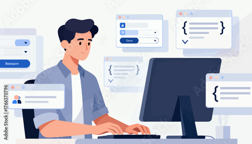 A man is sitting in front of a computer with a keyboard and a mouse. He is typing on the keyboard and looking at the screen. Concept of a person working on a computer, possibly for a job or a project