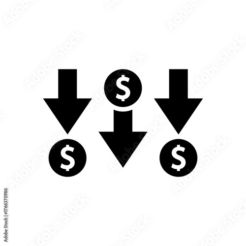 Dollar down icon. Money decrease symbol. Financial loss sign