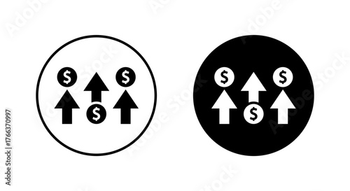 Dollar growth icon in black circle. Money increase symbol. Economic rise with upward arrow sign