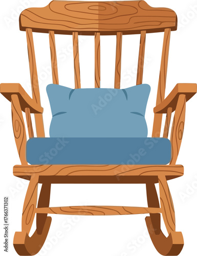 Cozy wooden rocking chair with a soft blue cushion, inviting comfort and relaxation.