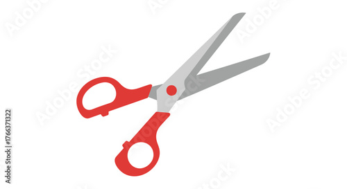 Open red handled scissors on a clean white background, ready for cutting.