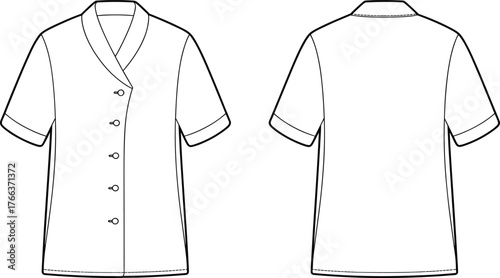 CAD drawing flat vector illustration, short sleeve shawl collar shirt technical fashion sketch, front and back view, apparel design template, garment construction