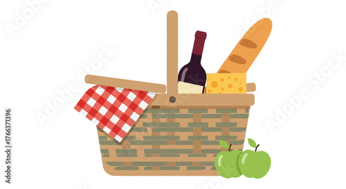 Classic picnic basket filled with wine, bread, cheese, and apples, ready for an outdoor meal.