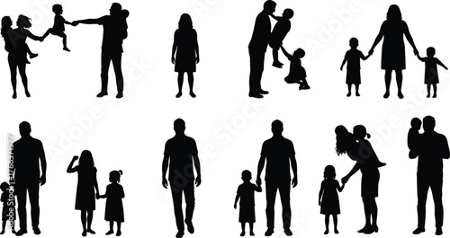 Adult and child silhouettes, family interaction, black and white, caregiving poses, walking, lifting, holding hands, parent-child relationship design
