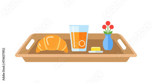 Breakfast on wooden tray isolated on white background, croissant, juice, butter vector