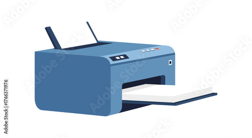 Modern blue printer creating paper documents in a clean, bright workspace