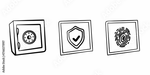 Three squares displaying a safe lock, a shield with check, and a fingerprint image design