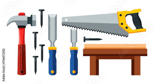 Essential carpentry tools laid out for a woodworking project, including a hammer, chisels, nails, and a saw.
