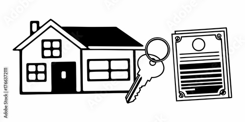 Illustration of a house with windows door roof chimney key and contract document in black and white