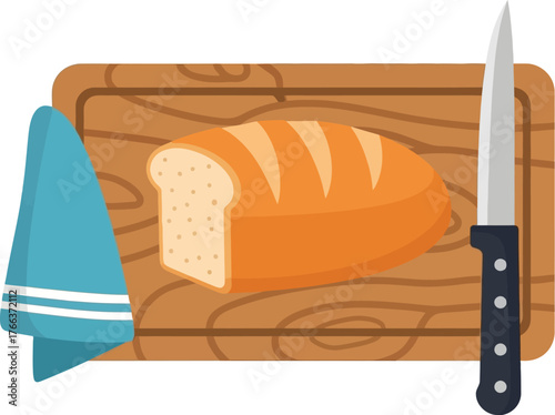 Loaf of bread isolated on white background with knife and towel on board