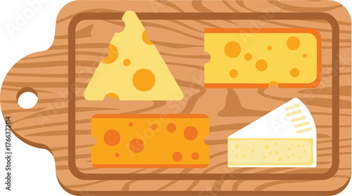 Various types of cheese on a wooden board, isolated on white background, food concept