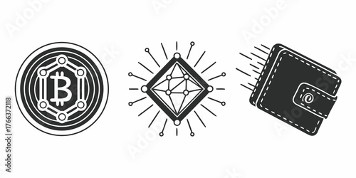 Illustration of bitcoin coin, network symbol, and wallet representing cryptocurrency and transactions