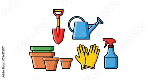 Gardening tools including pots, shovel, watering can, gloves, and spray bottle